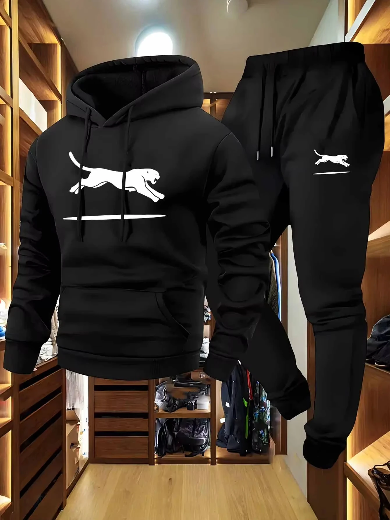 Men2PcsStreetwear Tracksuit Intertwined Monogram Letter Print Hoodie DrawstringJoggerPants Polyester Loose UrbanDailySportOutfit