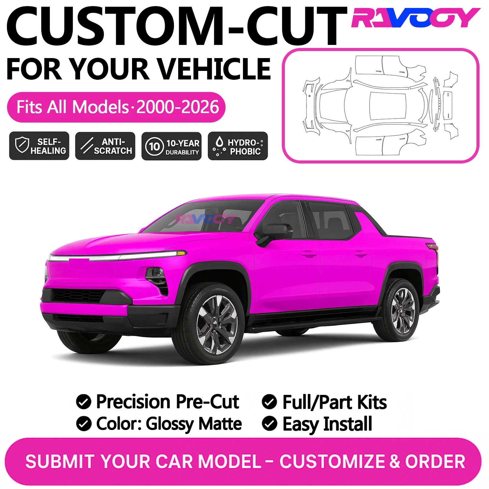 

Изготовленный на заказ комплект PPF для Chevrolet Silverado EV 2024 2025 2026, защитная пленка для краски, глянцевая матовая пленка из ТПУ, полный автомобильный капот, передний бампер