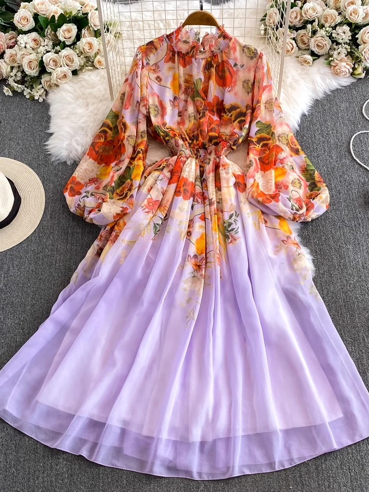 Autumn Women Floral Print Long Dress Elegant Stand Collar Puff Sleeve High Waist A-Line Party Maxi Vestidos Female New Fashion