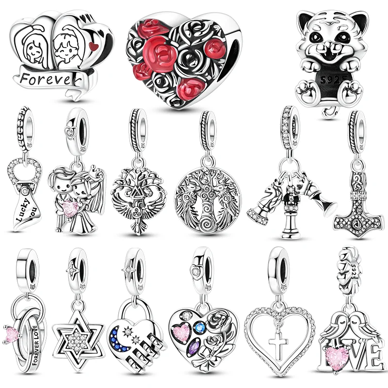 Abalorios de plata de ley 925 originales, cuentas de hexagrama, ajedrez, Chocolate, rosa, tigre, colgantes aptos para mujeres y niñas, pulsera, regalo de joyería DIY