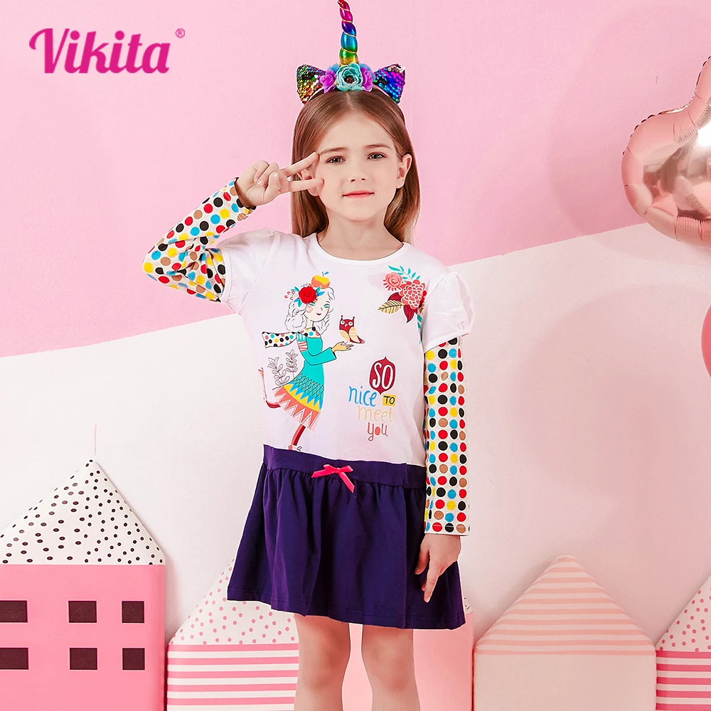 VIKITA Girls Cotton Dress Kids Long Sleeve Autumn Spring Cartoon Print Patchwork Dresses Girls Casual School Daily Cute Dress