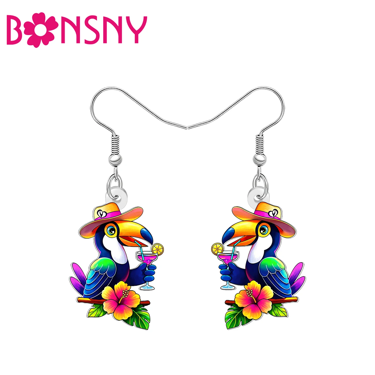 BONSNY Acrylic Tropical Toucan Dangle Earrings Colorful Birds Sping Flowers Summer Jewelry Hawaii Holiday Gifts for Women Teens