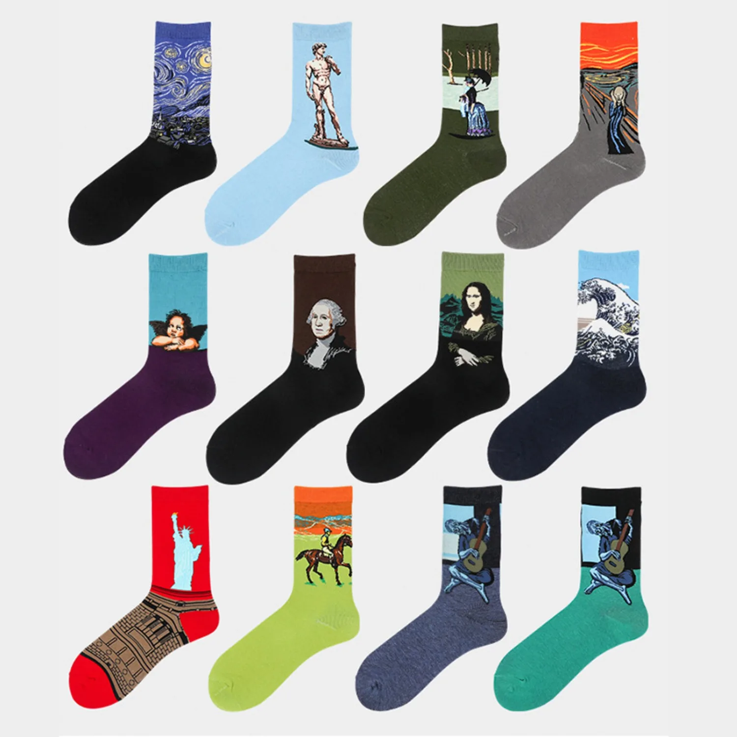 1/5 pares de calcetines de media pantorrilla con diseños artísticos para hombre y mujer, con retratos de obras de arte famosas, de algodón, casuales, novedosos y a la moda, para uso diario.
