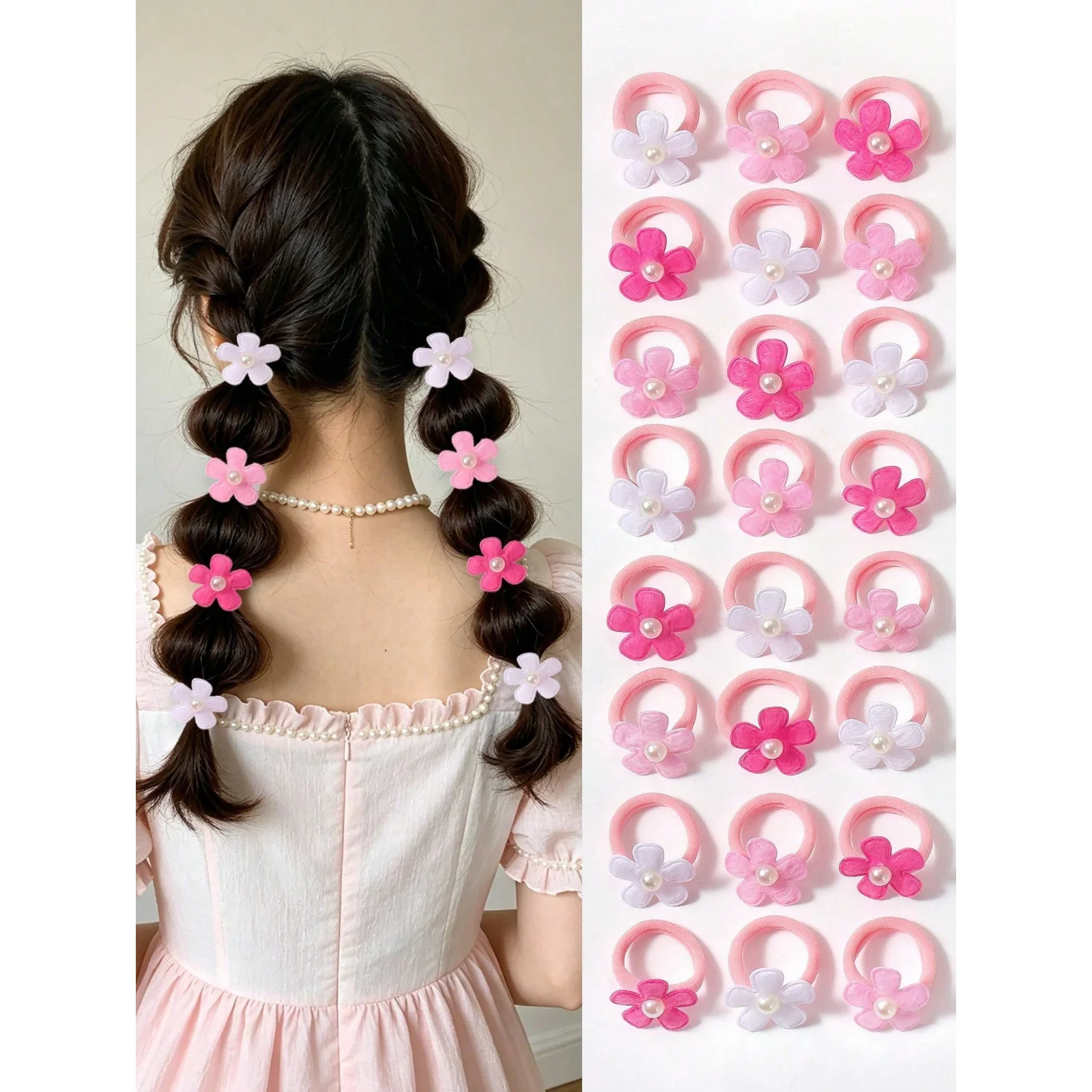 10 attaches pour cheveux en forme de fleur rose, élastiques décorés de perles, jolies attaches pour queue de cheval pour filles, pour usage quotidien, décontracté ou pour les coiffures de fête