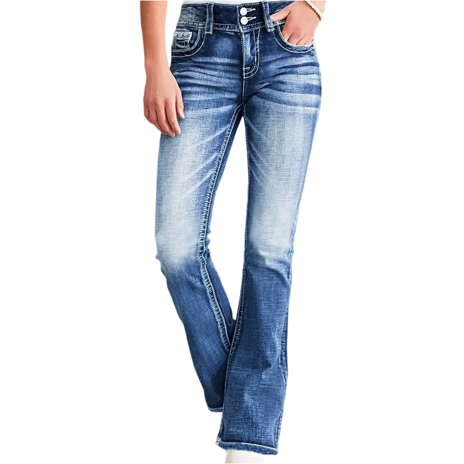 

Women Slim-Fit Stretchy Micro-Flared Jeans-Casual Chic Deep Blue Denim Pants with Double-Buttons Pocket Zipper For Daily Wear