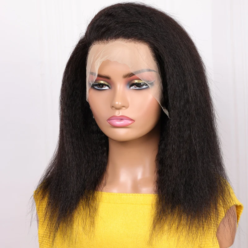 180Density Yaki Glueless Soft 16“ Bob Kinky Straight Lace Front Wig For Women BabyHair Black Preplucked Heat Resistant Daily