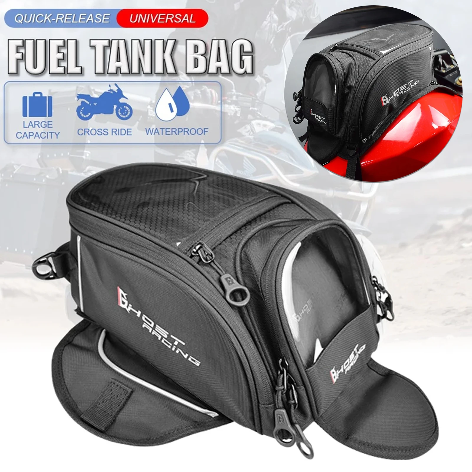 

Multi Functional Waterproof Motorcycle Tank Bag 7L Touchscreen Carbon Fiber Oxford Universal Fit with Raincover Fuel Storage Bag
