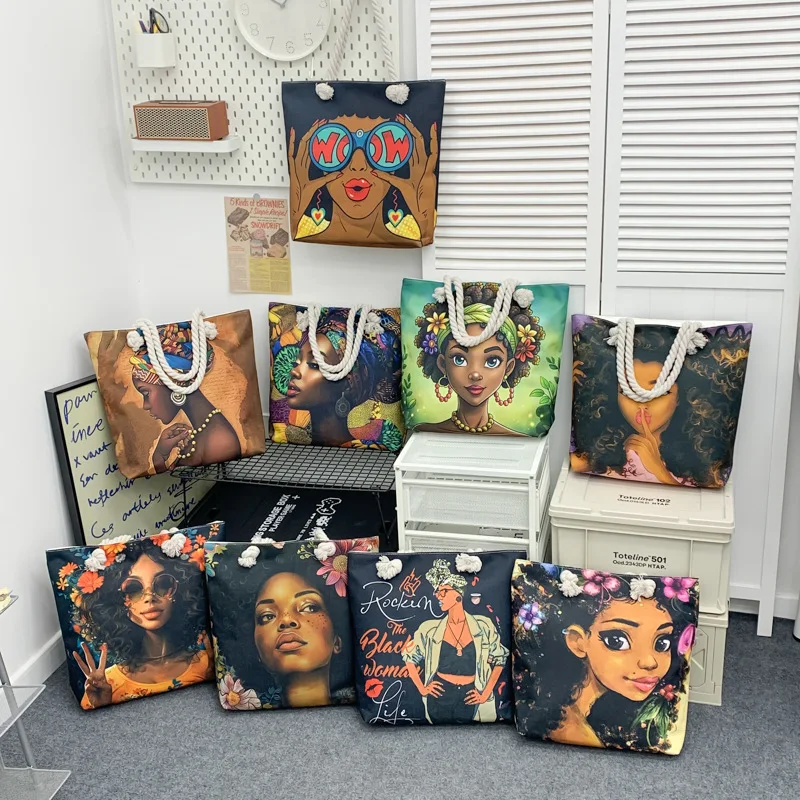 

Color Illustration Pattern Handmade Cartoon Linen Canvas Bag Large Capacity Tote Side Bags for Women Reusable Shopping Bag