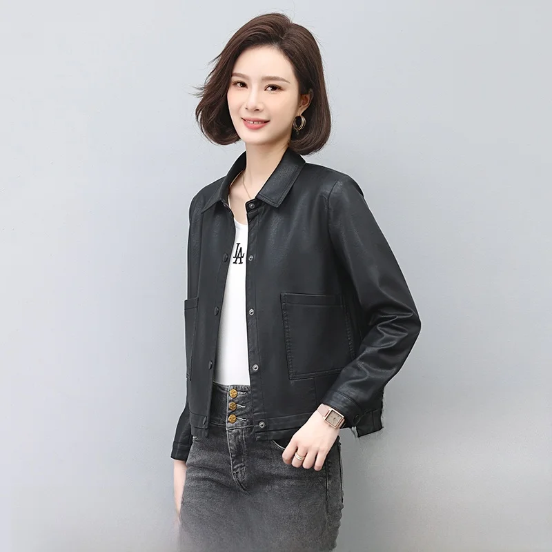 

Байкерская куртка из натуральной кожи, женское облегающее пальто из овчины в Корейском стиле, весна-осень, новая модель, длинное пальто с квадратным воротником све