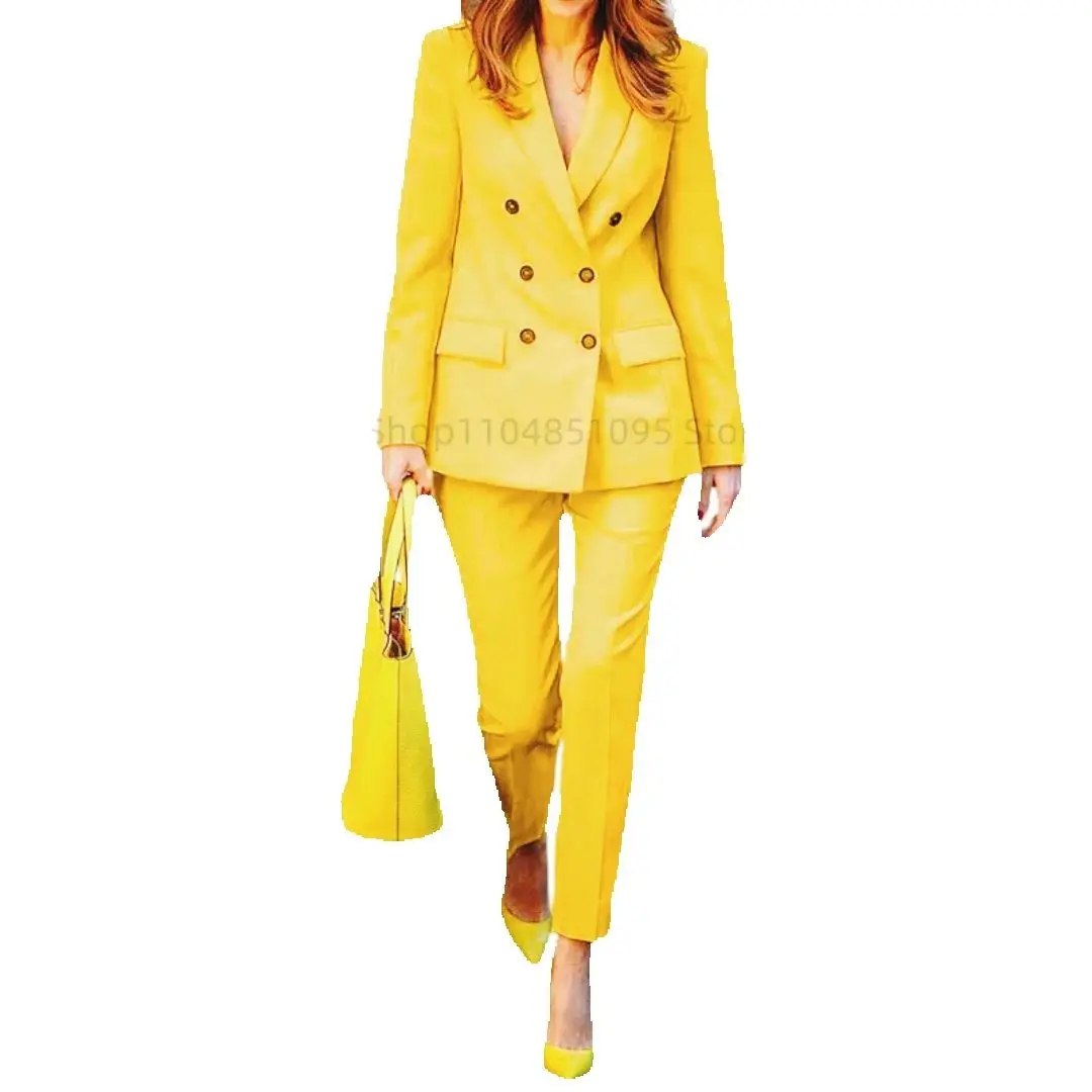 Trajes de pantalón rojo rosa, conjuntos para mujer, pantalones elegantes de alta calidad, conjunto de traje Blazer con doble botonadura, moda de 2 piezas para mujer