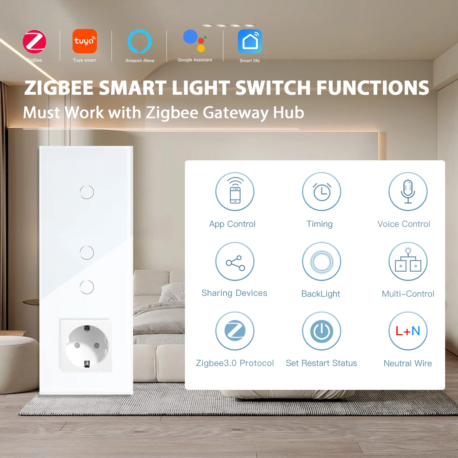 BSEED Zigbee 1+2Gang Smart Touch Switches 1/2/3Way With EU Socket Type-c Double USB Charging Ports Tuya Smar Life Control