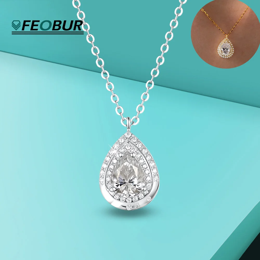 

FEOBUR 1.25CT Pear Moissanite Pendant Necklace for Women S925 Silver Double Halo WaterDrop Diamond Charm Neckchain Jewelry Gifts