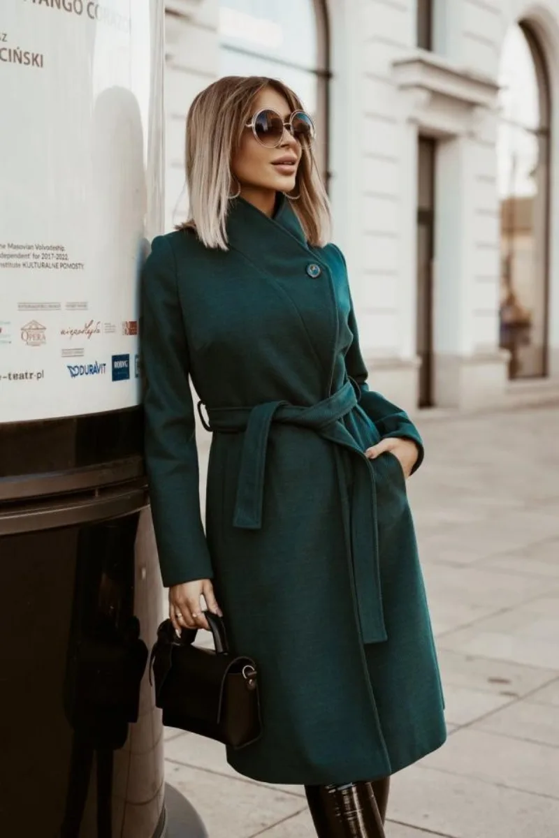 Giacca da donna lunga in lana con cravatta nuova moda autunno e inverno, abbigliamento da pendolarismo personalizzato e versatile