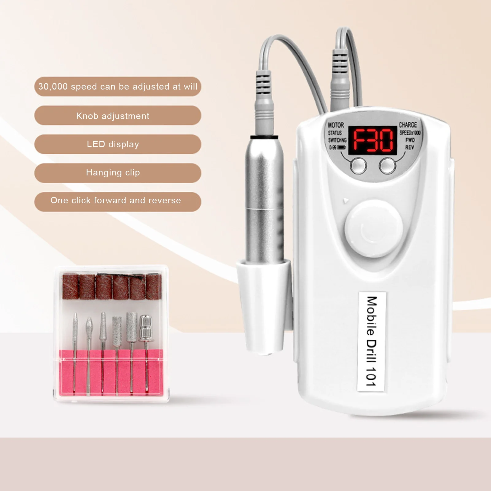 Nail Drill Machine 30000 RPM Electric File Rechargeable Cordless Nail File with 6 Bits LCD Screen for Nail Polishing Shaping Cal