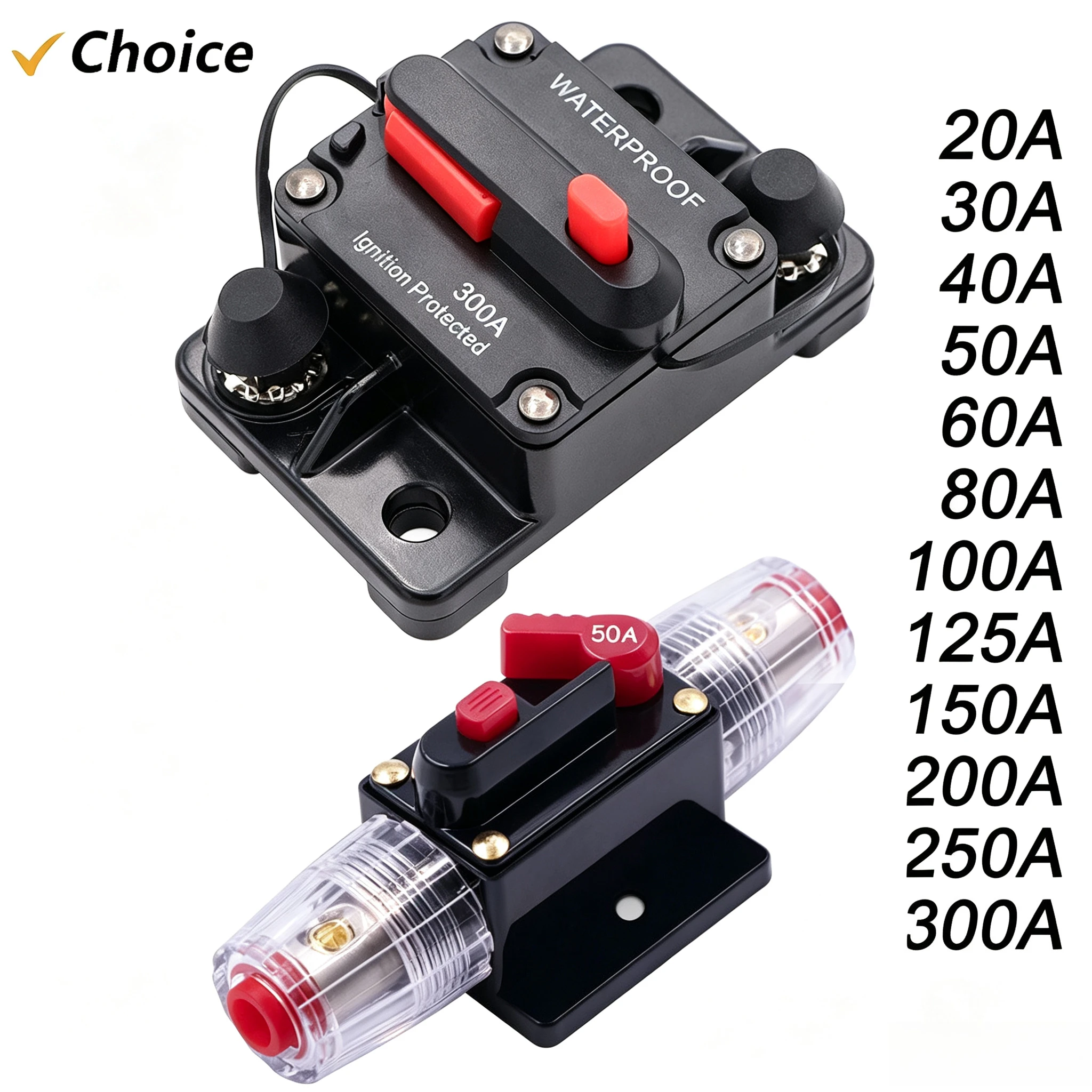 Circuit Breaker 20A to 300A Manual Reset for Car Audio System Waterproof Marine Circuit Breaker Reset Fuse 12V- 48V DC 40A 60A