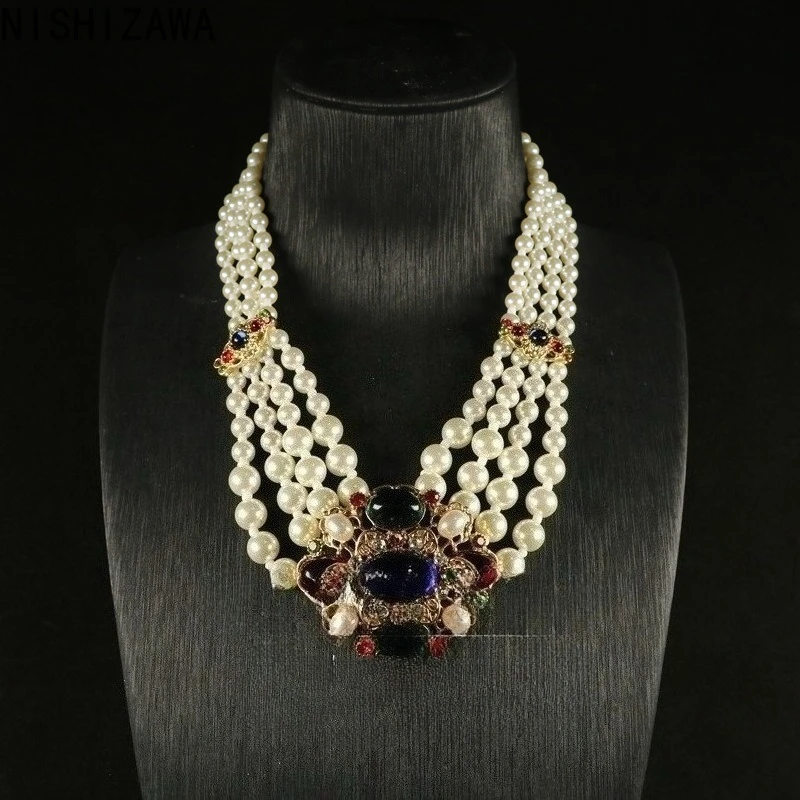 Luxury Retro Layered Pearls Necklaces for Women, Colorful Crystal Flowers  Collares Para Mujer