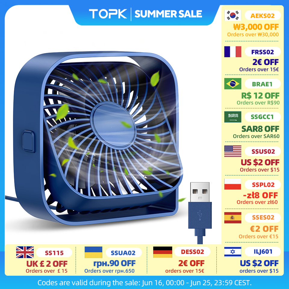 TOPK Mini Portable Fan USB Desk Fan Table Strong Airflow &Quiet Operation 3 Speed Wind 360°Rotatable Standing fans for room Home