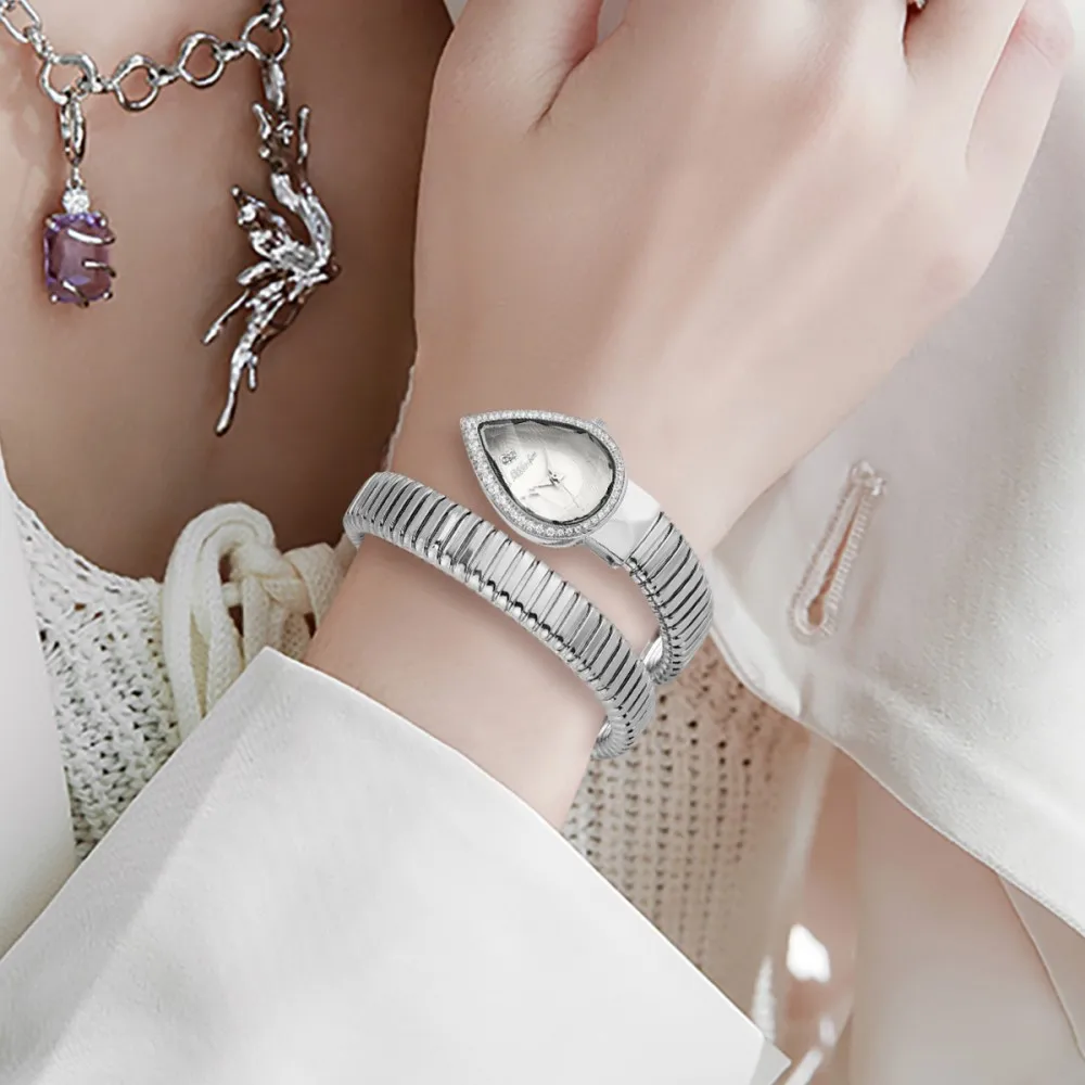 MISSFOX Snake Shape Diamond Watch For Women Luxury Brand White Dial Ladies Gold Iced Out Watch Analog Quartz Movt Unique Watch - view 4