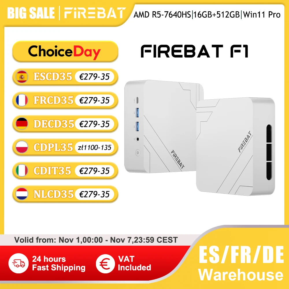 Firebat F1 Mini-PC AMD Ryzen 5 7640HS 16 GB DDR5 5600 MHz 512 GB SSD Windows 11 Wi-Fi 6 BT5.2 USB4.0 Gaming Desktop-Mini-Computer