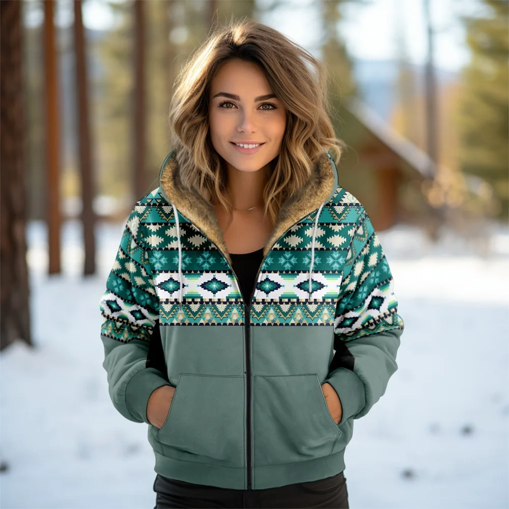 Women Coats Jackets Cardigans Printed Outdoors Aztecs Geometric Graphics Fleece Winter Warm Casual Streetwear Female Clothing