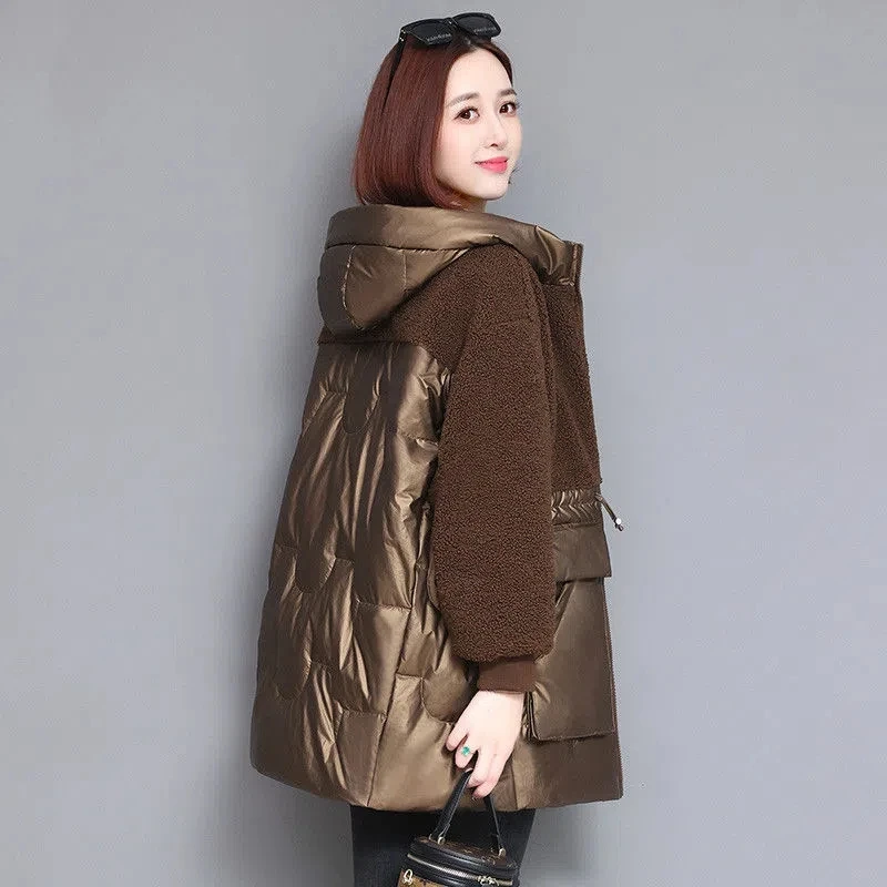 Winter Stitching Faux Lamb Wool Jacket Women\'s 4XL Fashion New Thicken Cotton Hooded Coat Mid-length Warm Female Parkas Outwear