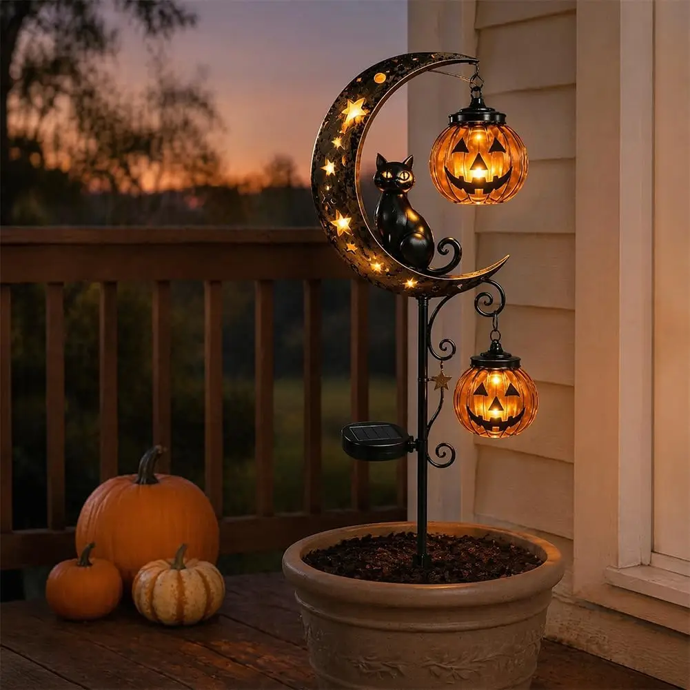 Solar Halloween Black Cat Pumpkin Moon Garden Stake Light, Outdoor Waterproof LED Yard Decor with Crescent Moon, Jack-o'-Lantern