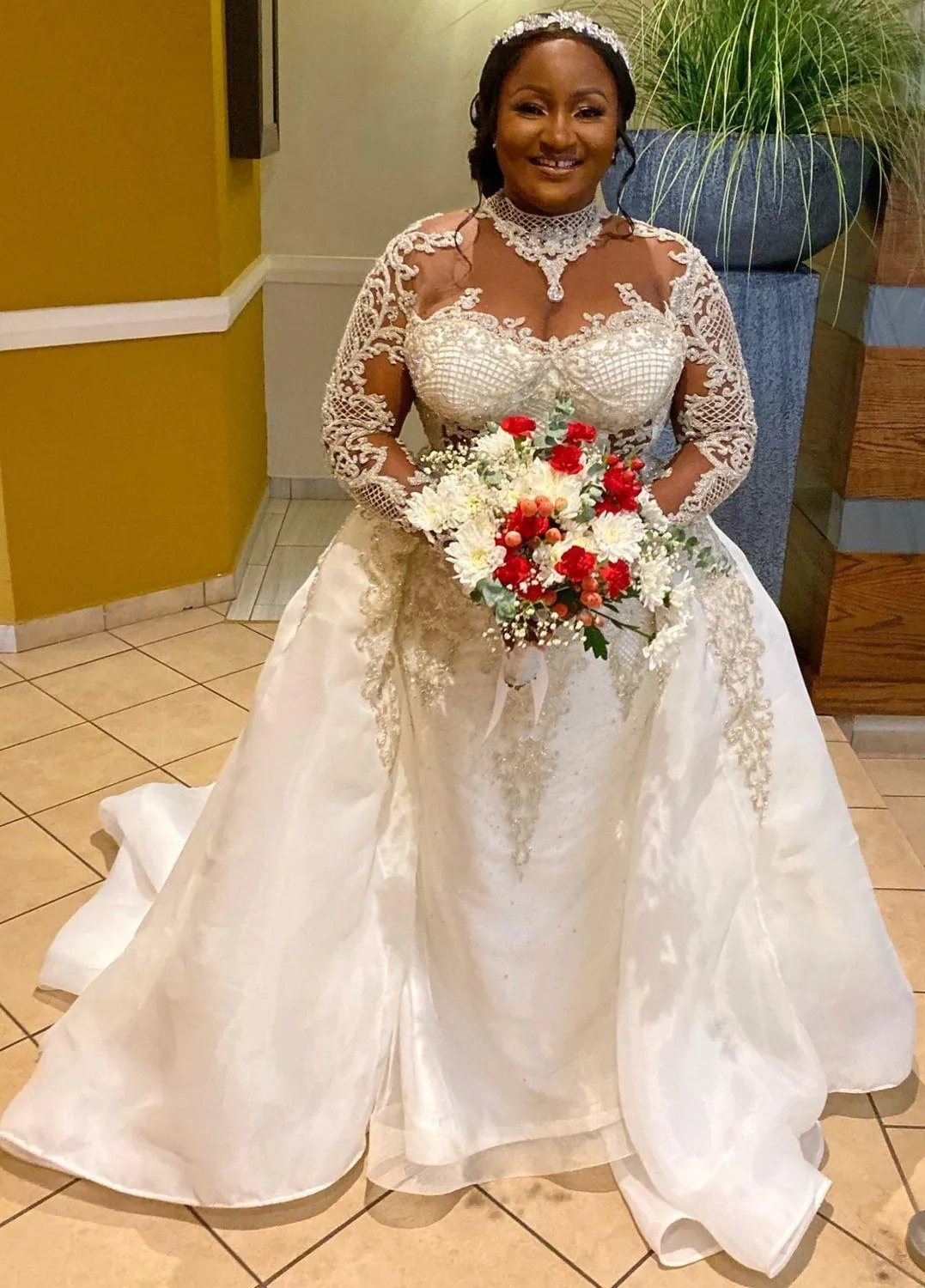 2025 sereia vestido de casamento overskirt alta pescoço ilusão topo mangas compridas rendas apliques contas vestidos de festa de noiva novia