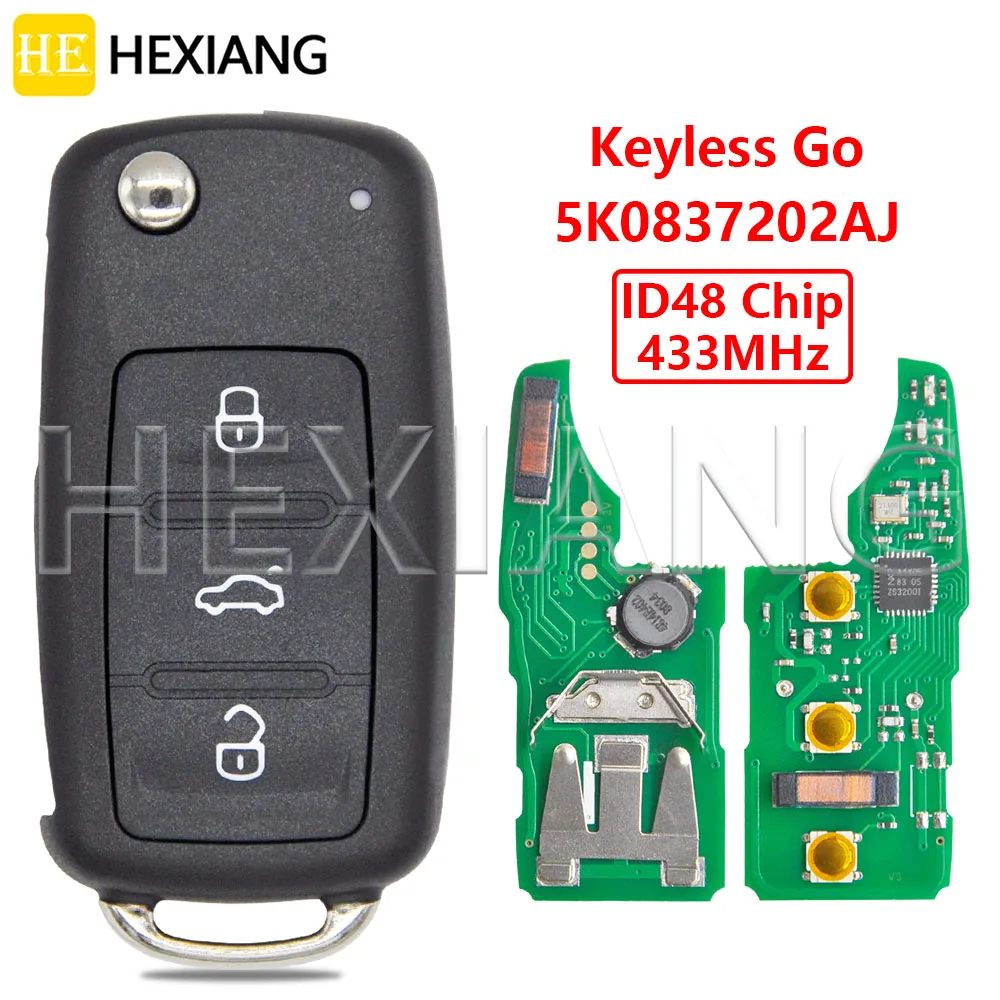 DR 5K0837202AJ ID48 Chip 433MHz Keyless Go Car Remote Key For VW Volkswagen Golf  Polo Caddy Tiguan Touran Eos Jetta Beetle