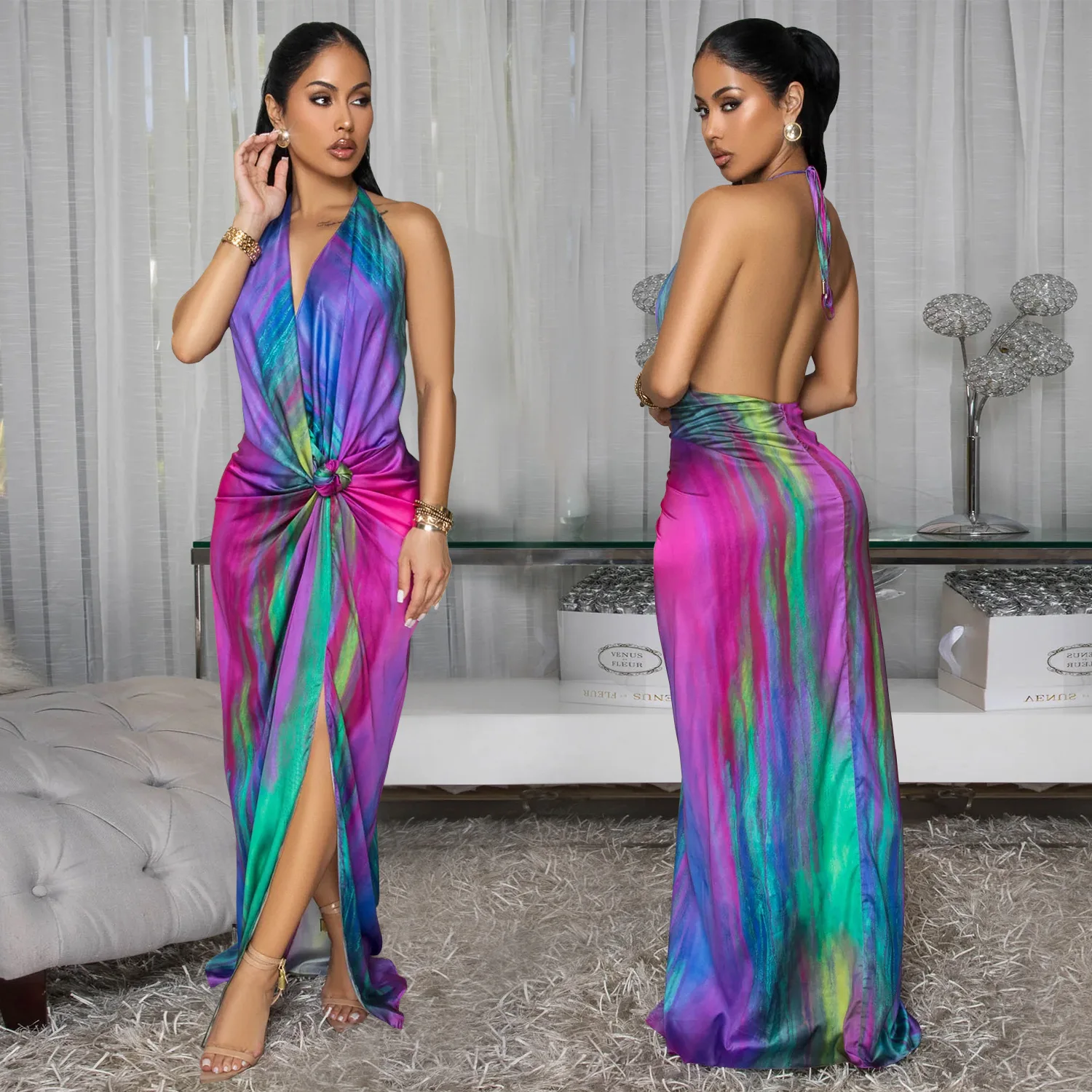 

Women Long Dress Beach Dresses Halter Sleeveless Backless Vestidos Print Streetwear Elegant Splice Y2k Party Night Slim Fit