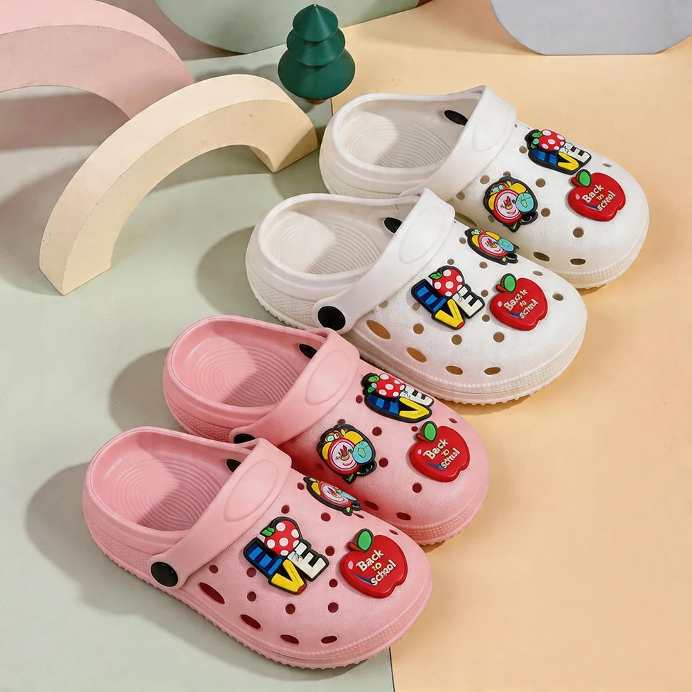 

Summer Beach Slippers EVA Hole Shoes with LOVE & Apple Charms, Non-slip Slippers for Toddler Girls, Back to School Kids Clogs