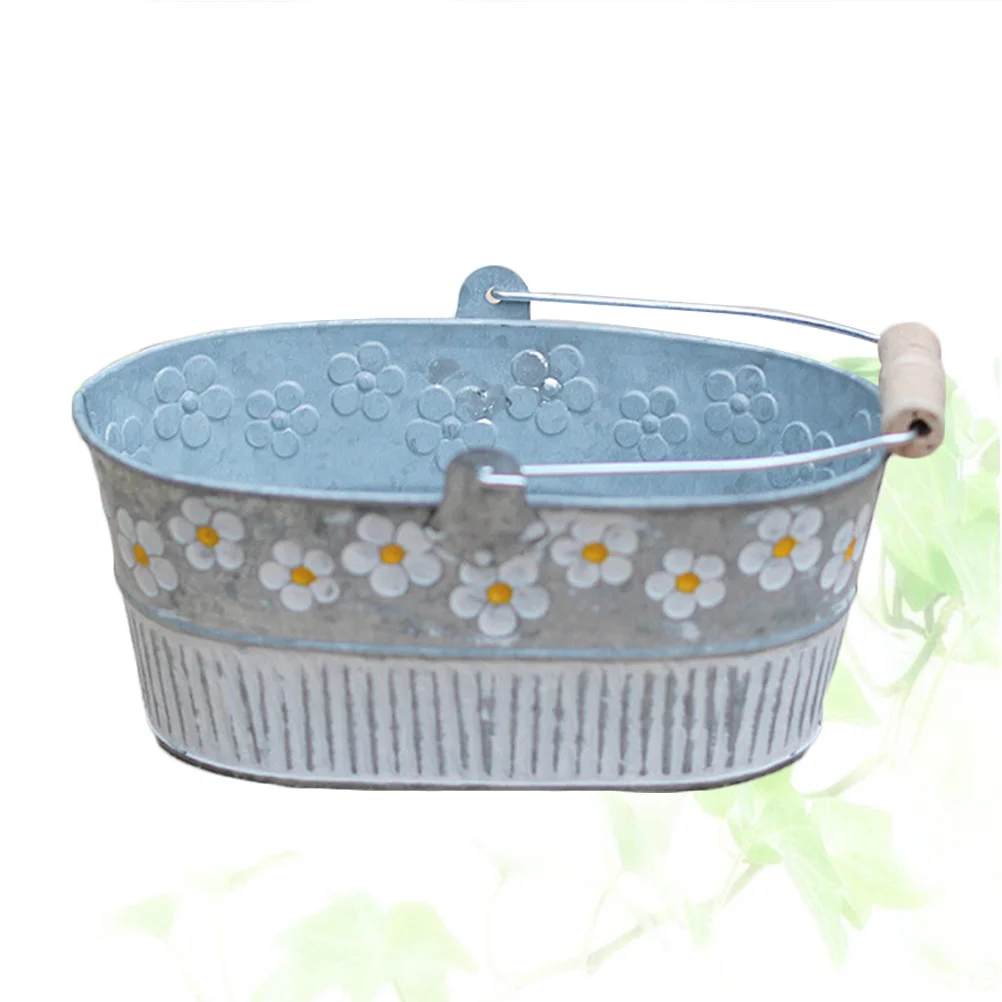 Flower Pot Vintage Daisy Embossed Garden Metal Tin Bucket Planter Pots with Handle Retro Home Decoration Wedding Window (Oval)