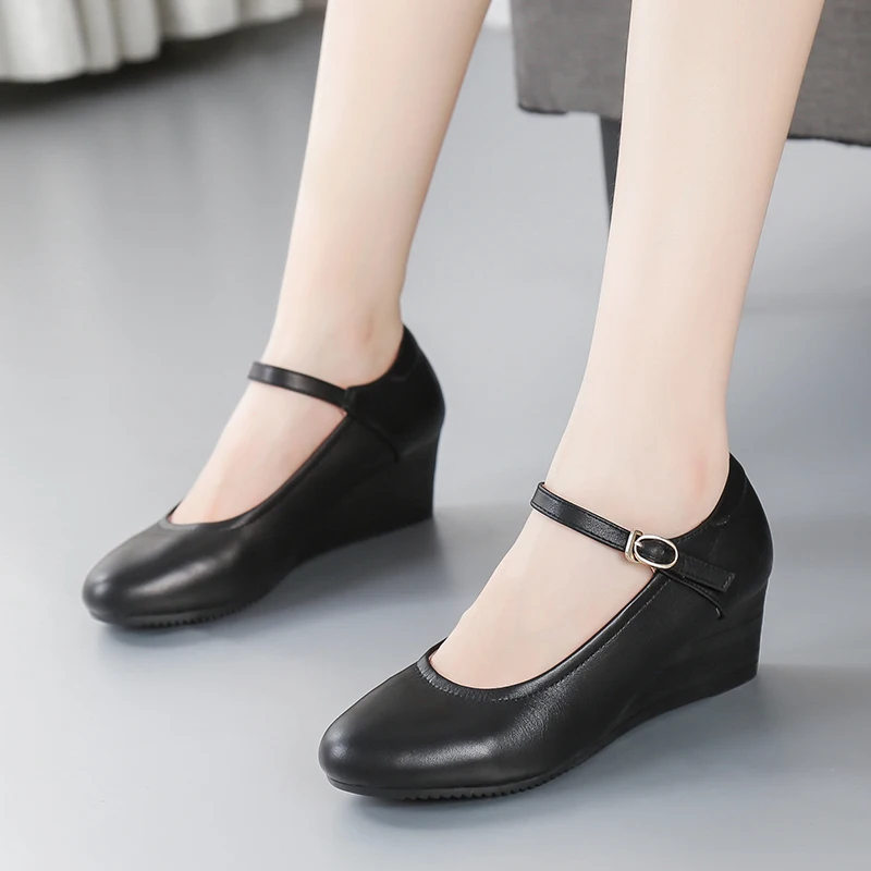 Line Button Mary Jane Shoes Work Shoes Black Professional Shoes Comfortable Slope Heel Shoes Leather Small Size Women\'s Shoes