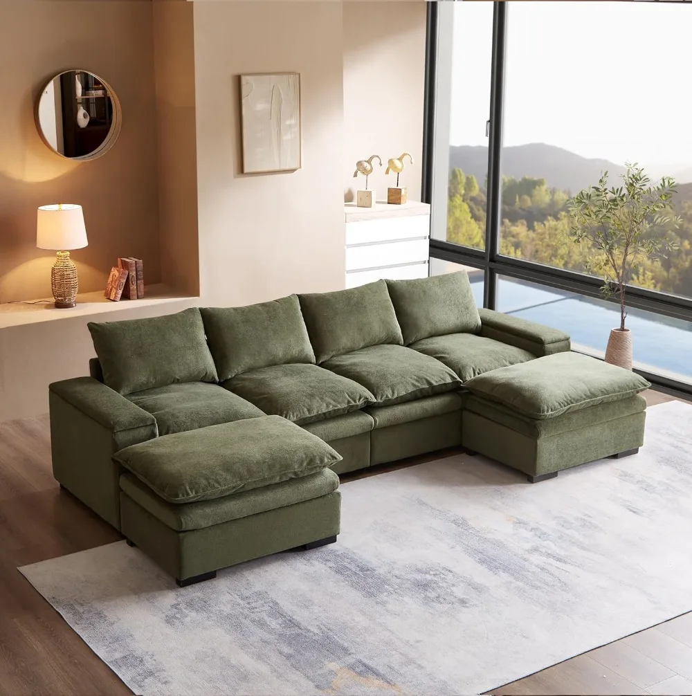 

122″ Oversized Modular Sectional Sofa with Movable Ottoman, 6-Seas Deep Seat Sofa with Armrest Storage, Convertible U Shaped