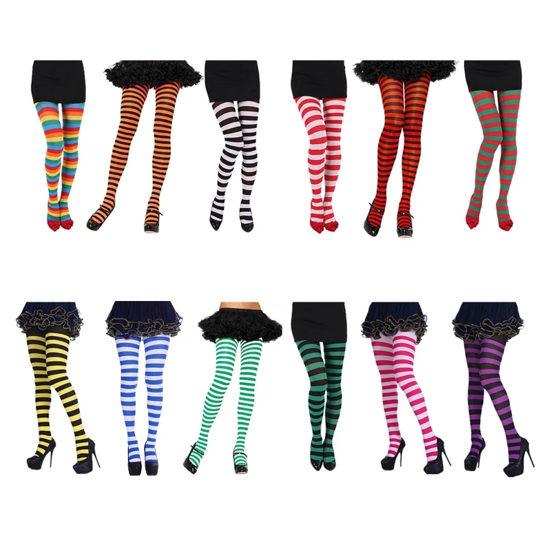 Women Girls Rainbow Multicolor Striped Tights Opaque Stockings Slim Pantyhose for Christmas Halloween Cosplay Costume Full Lengt