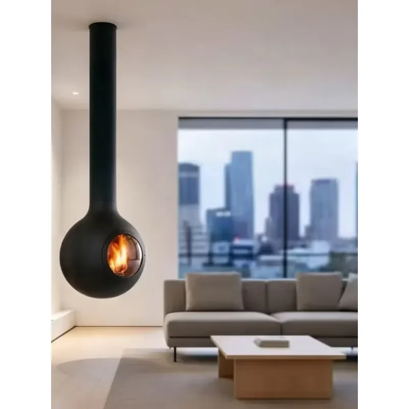 Indoor Wood Burning Stove Suspended Fireplace Matt Black Hotel Decorative Heating Modern Steel