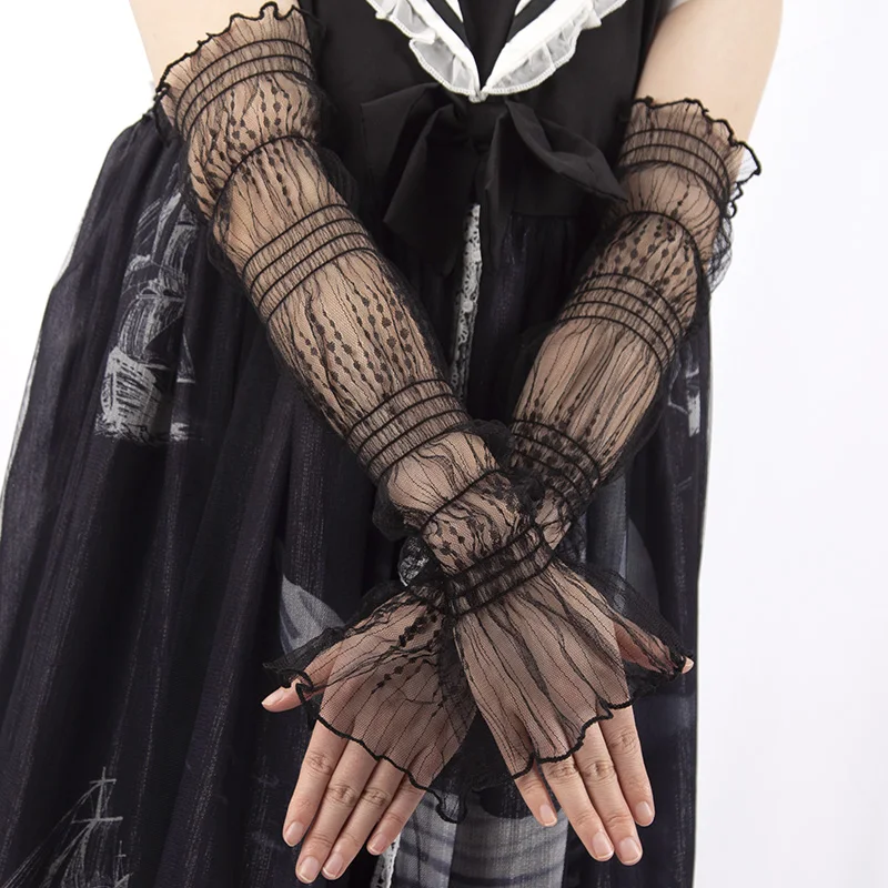 Women Thin Lace Breathable Arm Sleeves Cover Lolita Mesh Fingerless Gloves Long Arm Sleeve Sunscreen Black Driving Accessories