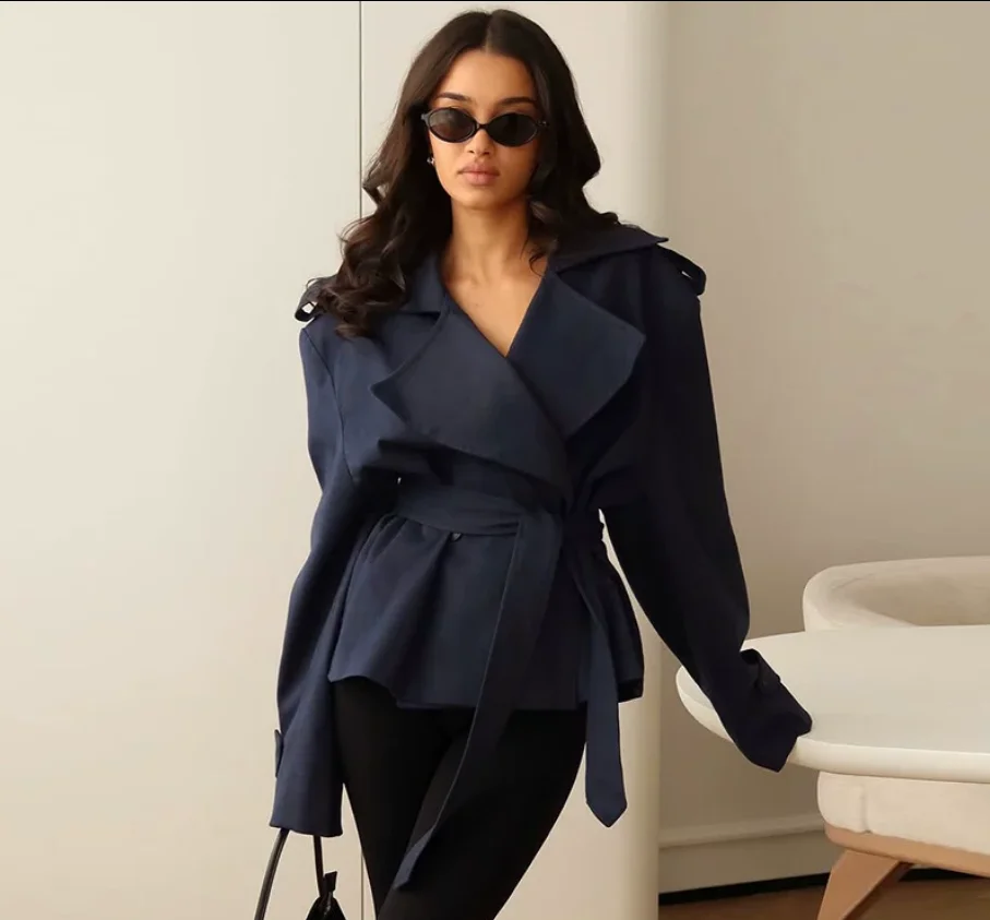 

Fashion Lace up Cropped Trench Coat for Women Long Sleeves Wide Shoulder Lapel Windbreaker Jacket for Fall Commuting And Daily W