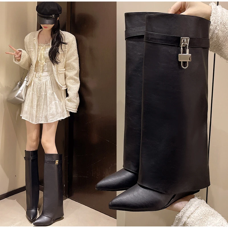 

Fashion Pointed Wide-leg Boots Pu Leather Knee-high Boots Women's Sexy With Buckles Biker Boots Brand Wedge Heels Straight Boots