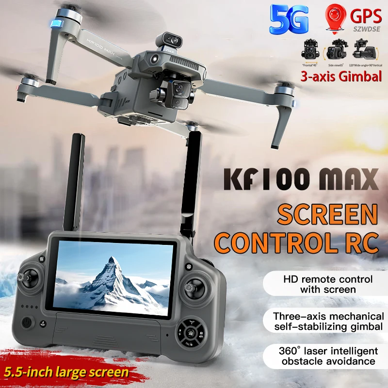 KF100 MAX GPS Drone With HD Camera 10KM Control Inch set 3-Axis Gimbal Obstacle Avoidance 2batteries FPV Fold quad