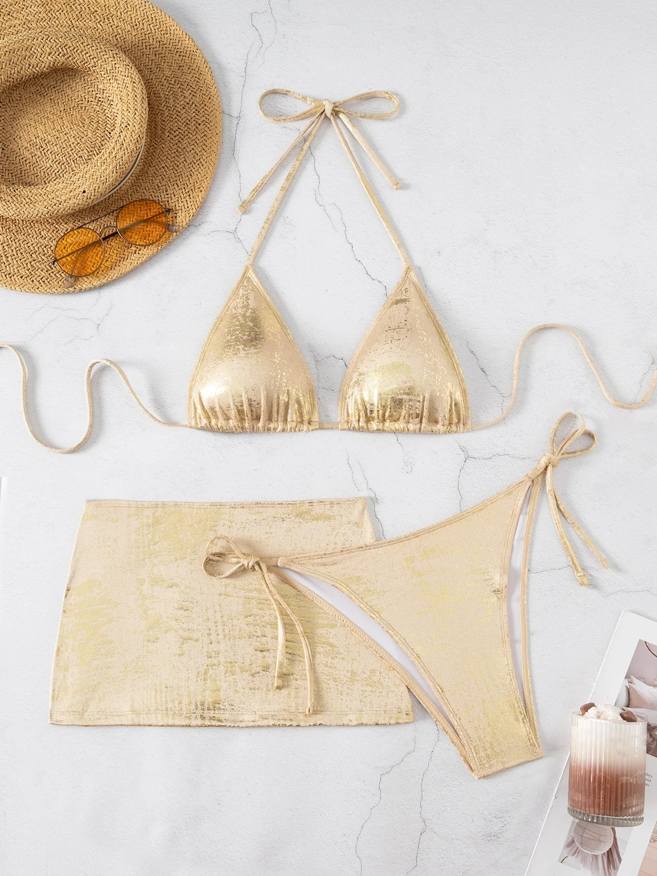 sexy gold metallic glitter bikinis sets 3pcs with mini skirt swimwear bathing suit beach outfits swimsuits biquini tankini