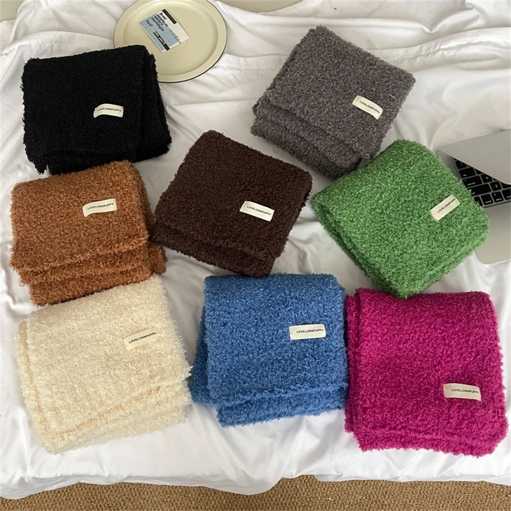 Korean Soft Teddy Velvet Scarf Women Winter Warm Comfortable Scarf High Quality Solid Color Label Shawl Girls Cashmere Muffler