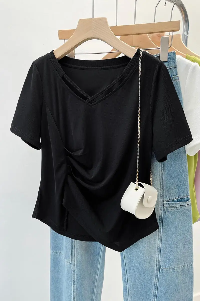 Top de talla grande para mujer, camiseta de manga corta Irregular, arrugada, con cuello en V, diseño francés, tiro Real, 2024