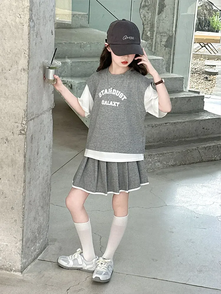 

Girls Summer Outfit Set ort Sve Top And ort Skirt Two Piece Ensemble Korean Sle Child Faionable Clothing for Kids