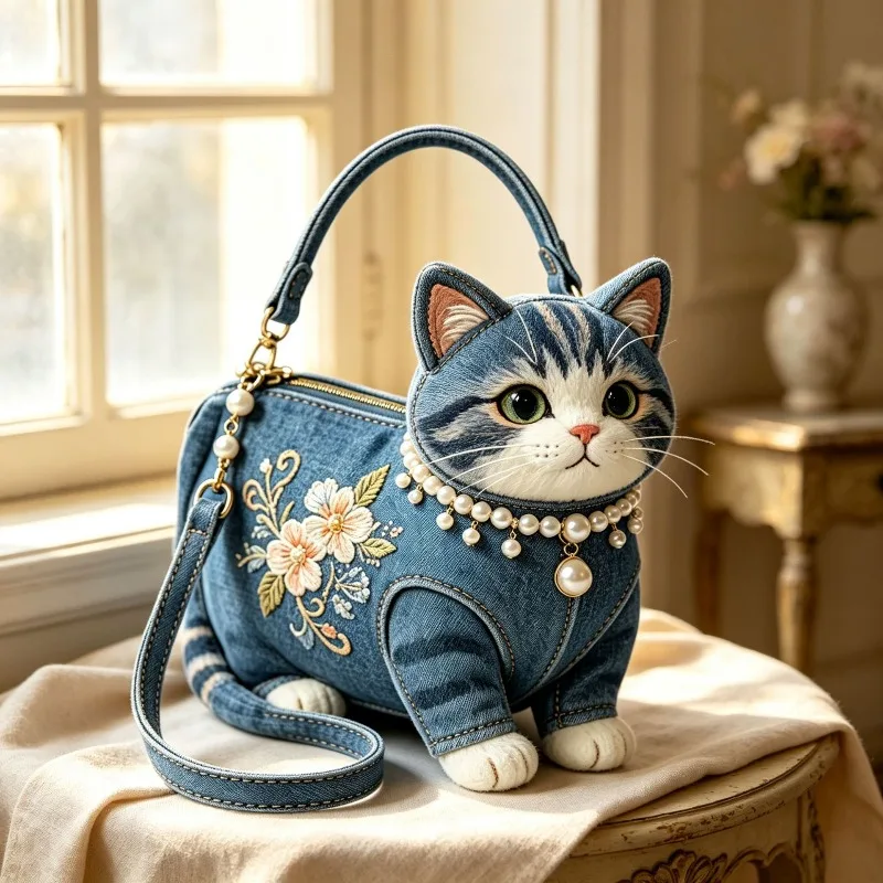 Cute Cat Denim Handbag Floral Embroidery Pearl Decor Women Crossbody Bag Detachable Strap Mini Animal Shoulder Purse