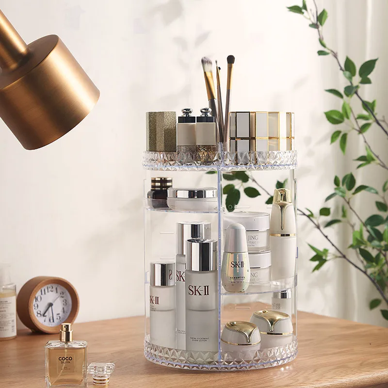 360 degree rotating transparent cosmetic storage box, desktop dressing table, skincare products, lipstick brushes, storage rack