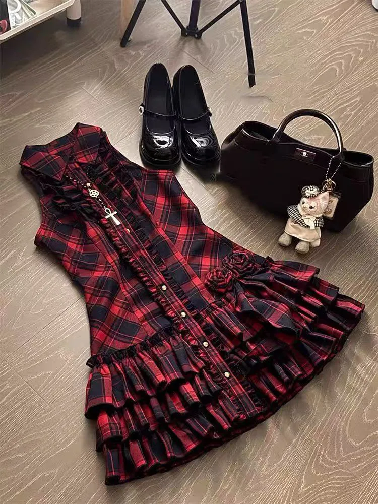 Vestido Mini Vintage a Cuadros con Parches para Mujer, Estilo Y2K Japonés, Delgado, Sin Mangas, Línea A, Elegante, Preppy, Gótico, Vestidos Mujer