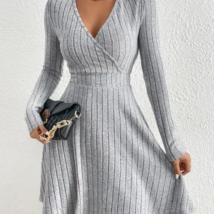 New for autumn/winter 2024 female lean mesh sexy bodycon dress with neckline in v dress of long sleeve solid casual midi sweater dress 10 Main Sales Winter Dresses - №9