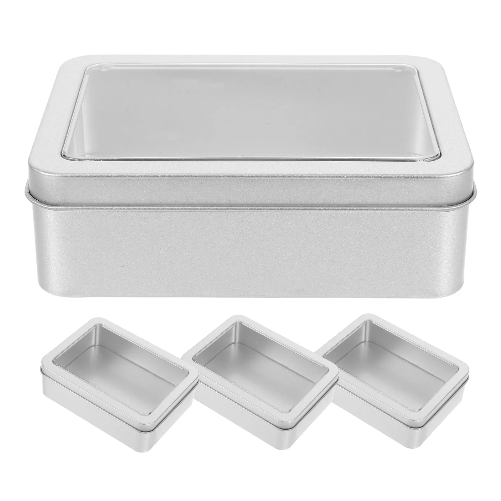 

4Pcs Rectangular Tin Containers Clear Lid Decorative Tins Case Sturdy Material Longevity Cookies Candies Small Items