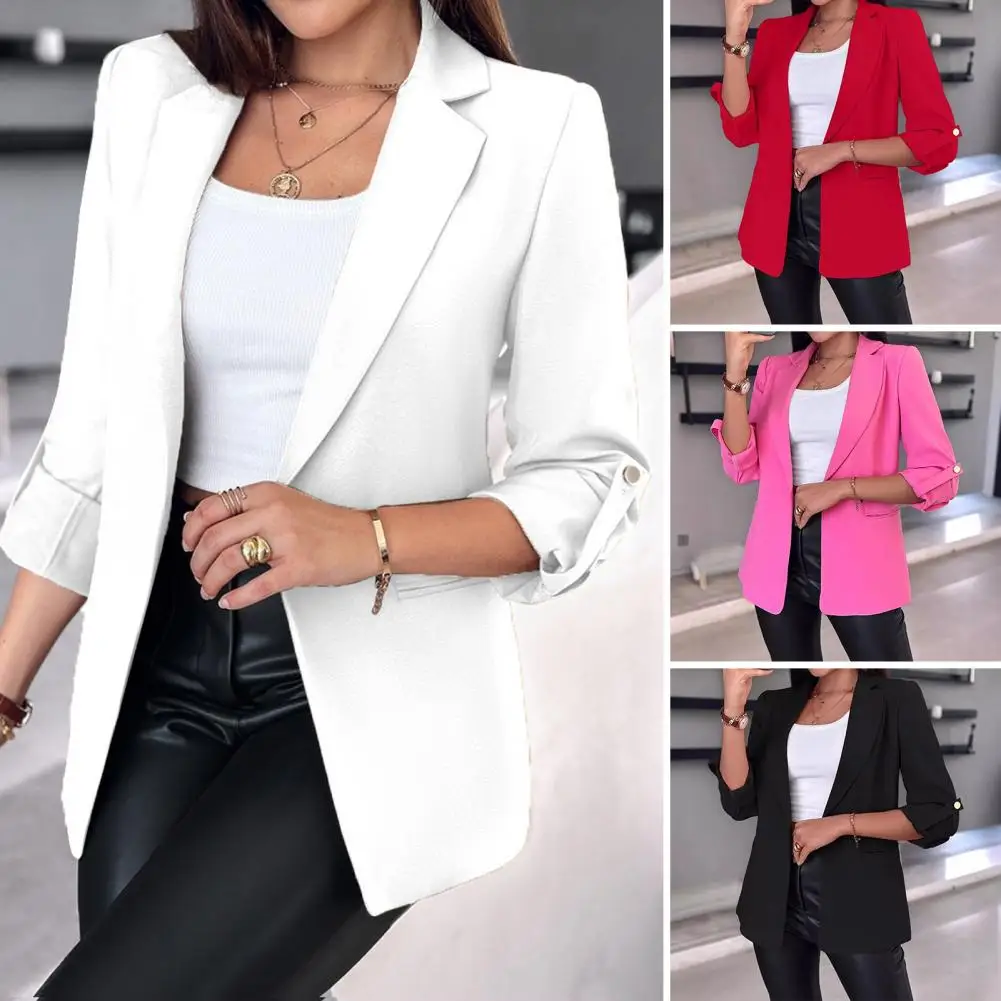 Chic Workwear Jacket Elegant Women's Lapel Suit Coat for Business Daily Wear in Autumn Winter Long Sleeved Solid Color Cardigan