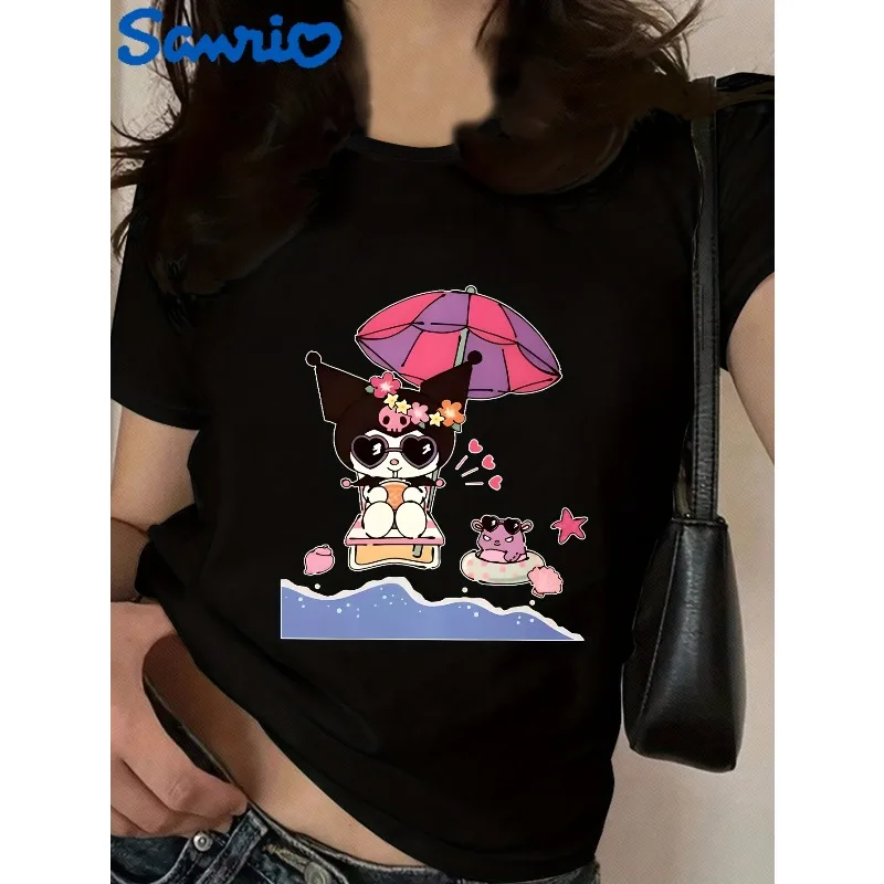 Sanrio Hello Kitty and Kuromi Ladies Casual T-Shirts Cute Cartoon Pattern Printed Umbrellas and Floral Design Crew Neck T-Shirts